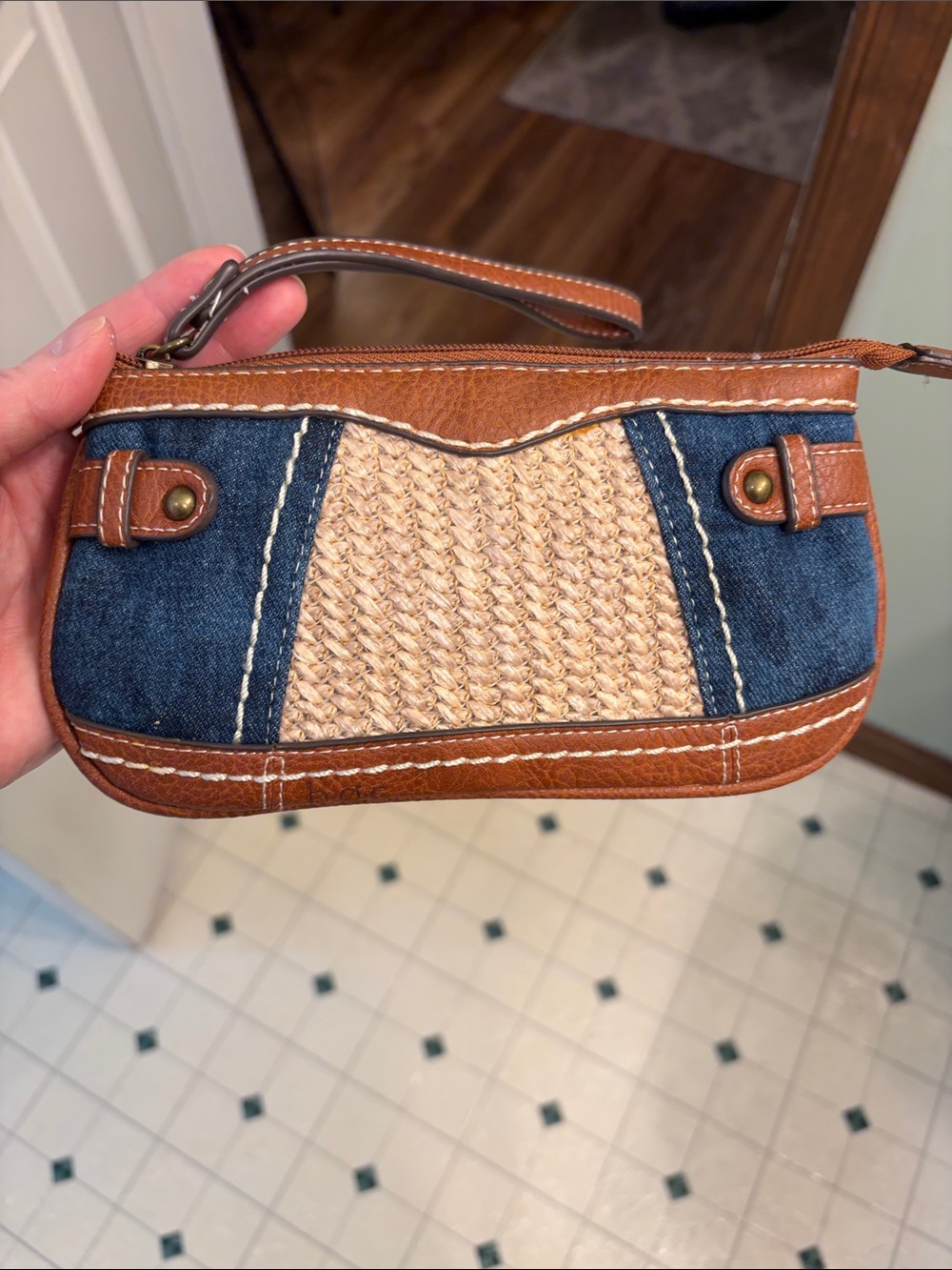 boc Brown & Blue Straw-Front Wristlet Clutch